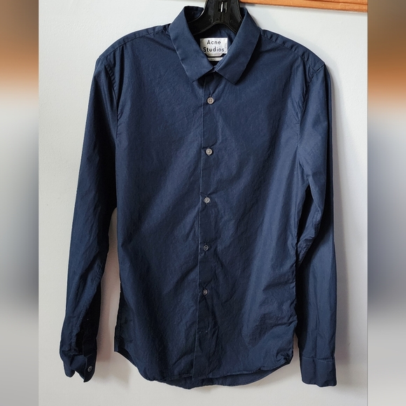 Acne Studios Slim Fit Long Sleeve Button Front Shirt in Navy Blue Cotton 44 - Picture 1 of 7